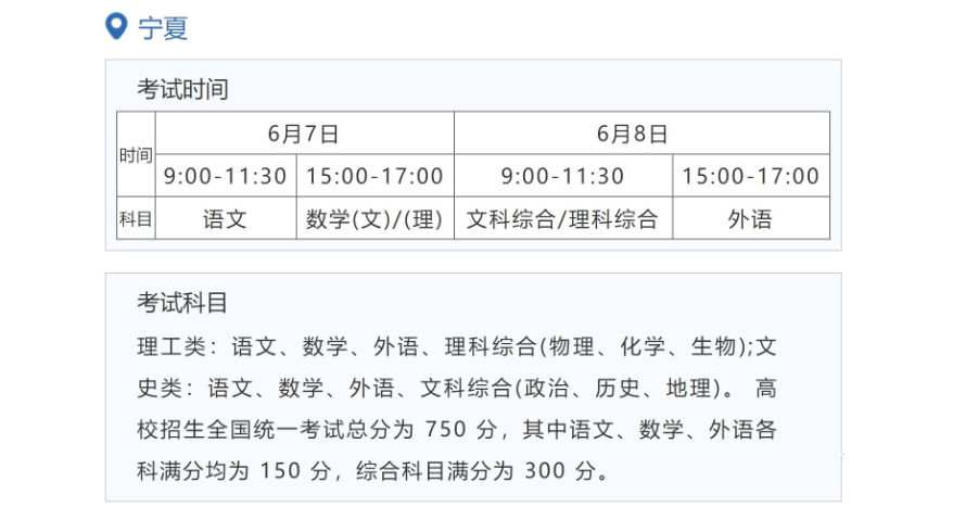 2022年宁夏高考时间安排,宁夏高考时间2022具体时间表